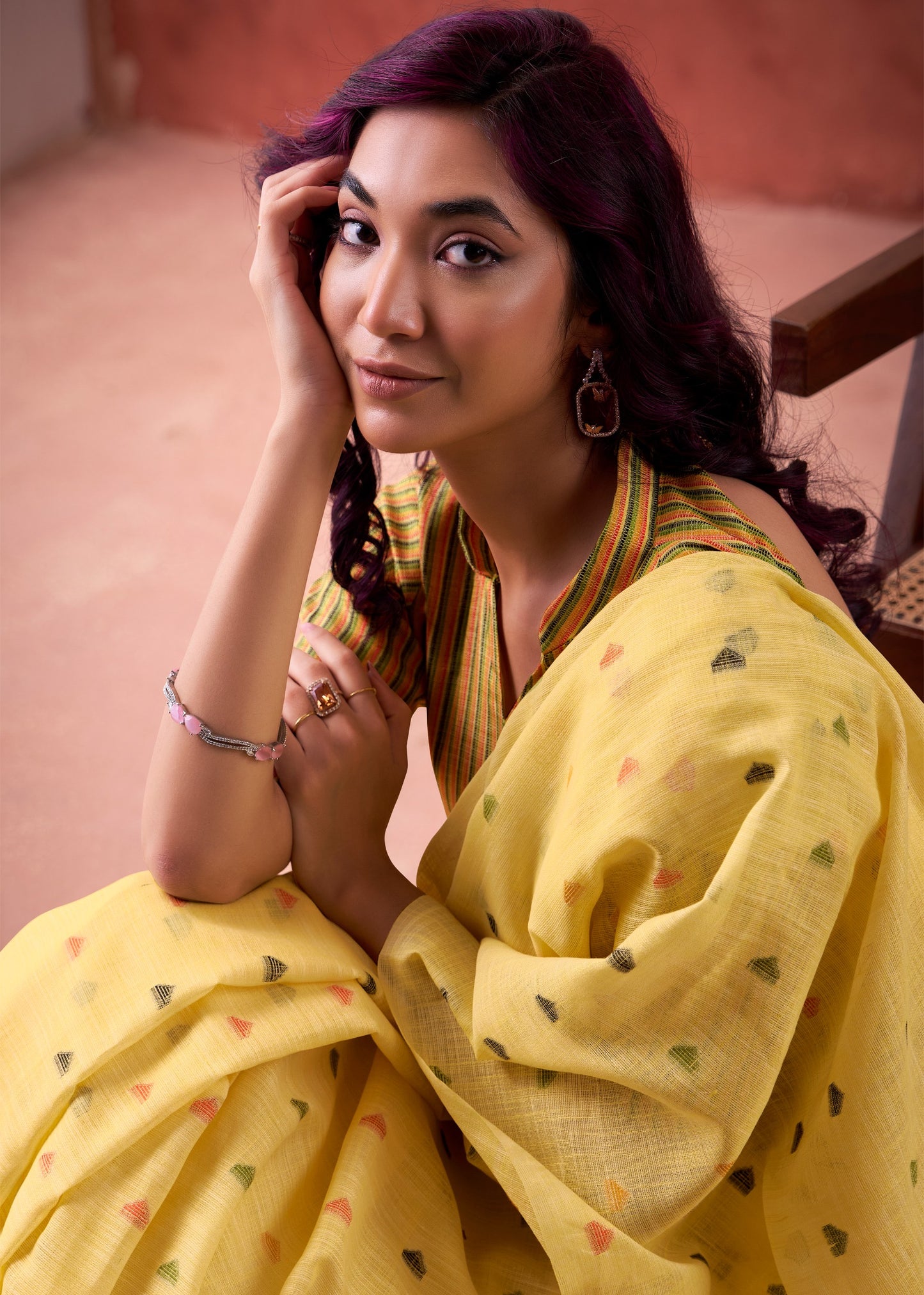 linen silk printed saree with geometric pallu and multicolor motifs – ethnic wear for women