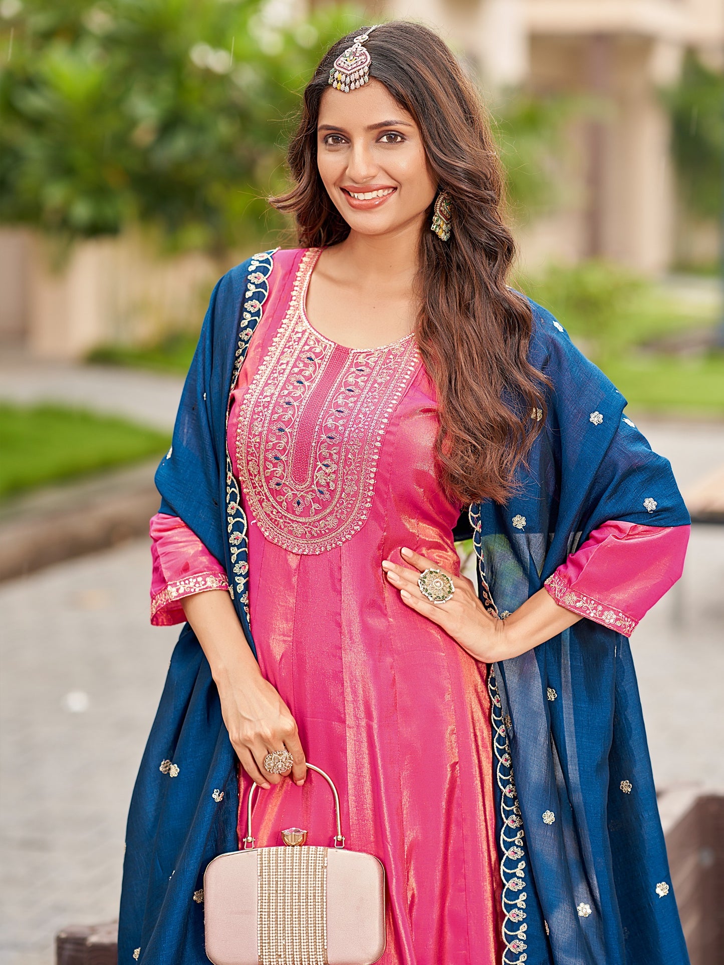 Plus Size Roman Shimmer Suit Set with Vichitra Dupatta – 3-Piece Ethnic Wear for Women (3XL, 5XL)