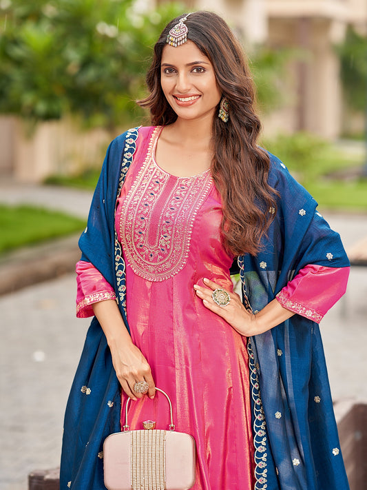 Plus Size Roman Shimmer Suit Set with Vichitra Dupatta – 3-Piece Ethnic Wear for Women (3XL, 5XL)