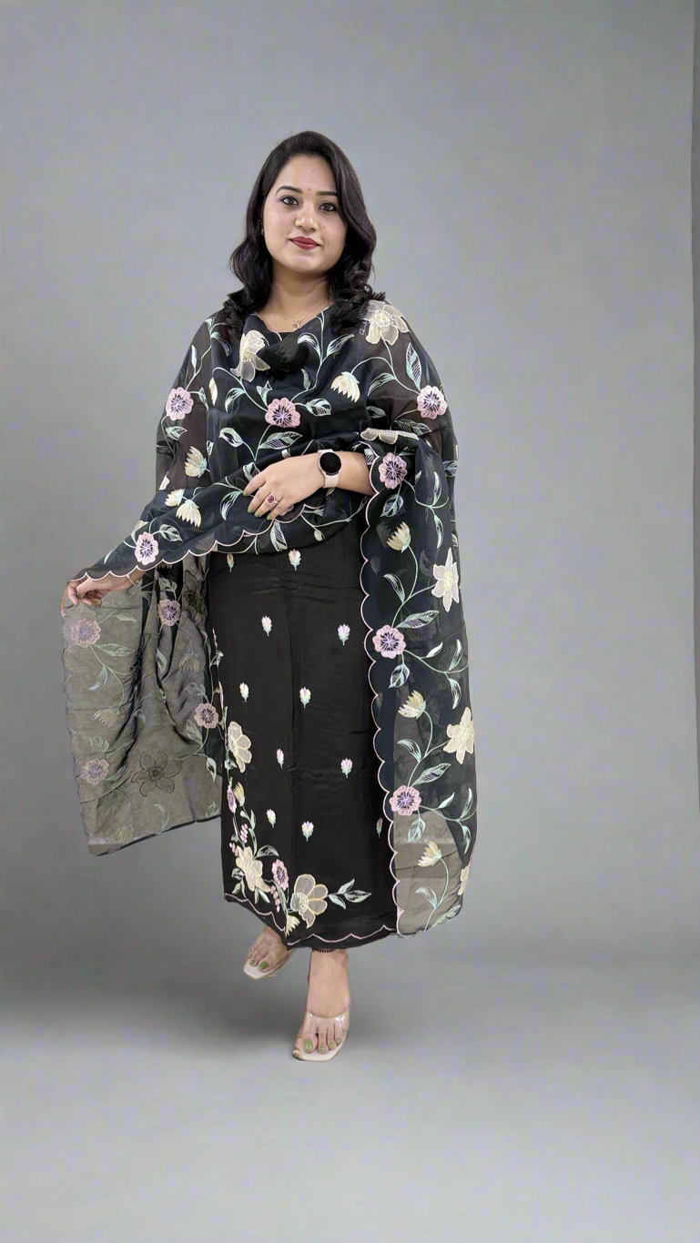 Unstitched Bamber Silk Suit with Resham Embroidery, 3D Patch Appliqué and Organza Dupatta