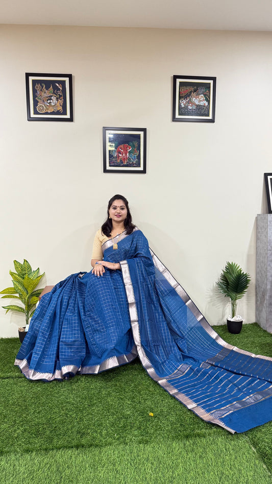 Mangalgiri Soft Semi Tussar Silk Saree with Check Pattern and Blouse Piece for Women – Lightweight Drape