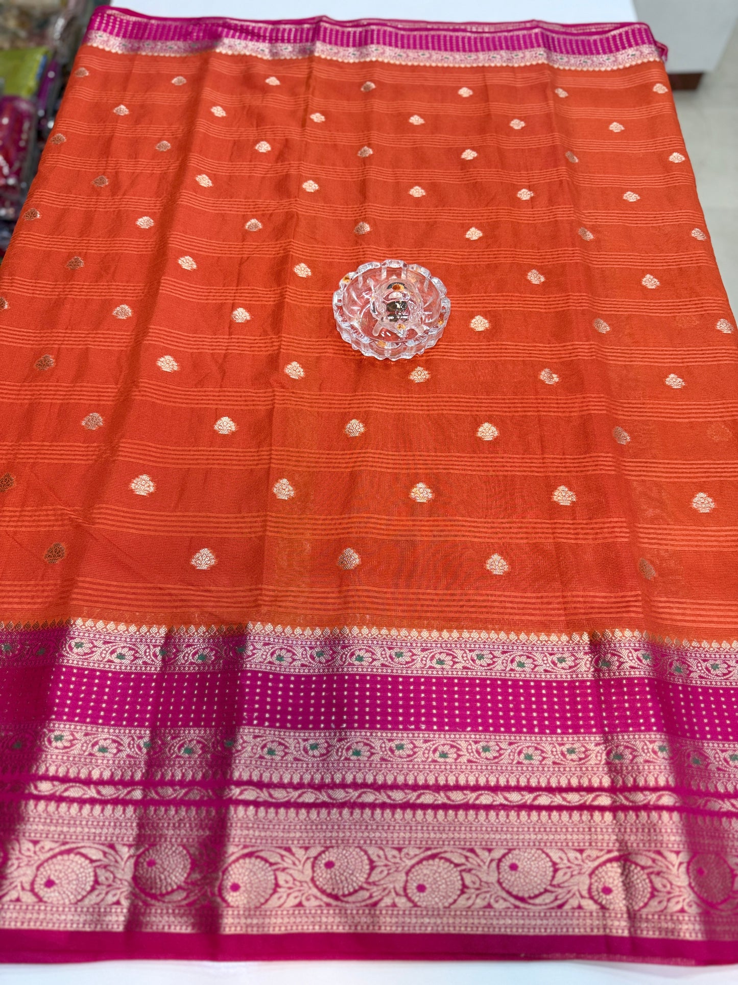 Banarasi semi georgette silk saree with gold zari weaving, meenakari big border and buti design for women