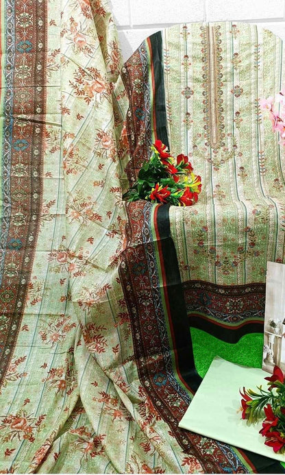 Unstitched Pure Cotton Cambric Suit Material with Self Embroidery and Mal Mal Dupatta