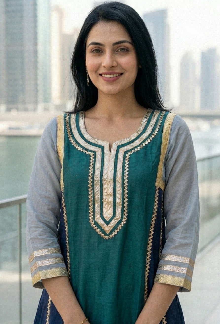 Mul Chanderi Kurti Pant Set for Women Panel Design Straight Kurta with Woven Bottom Ethnic Set