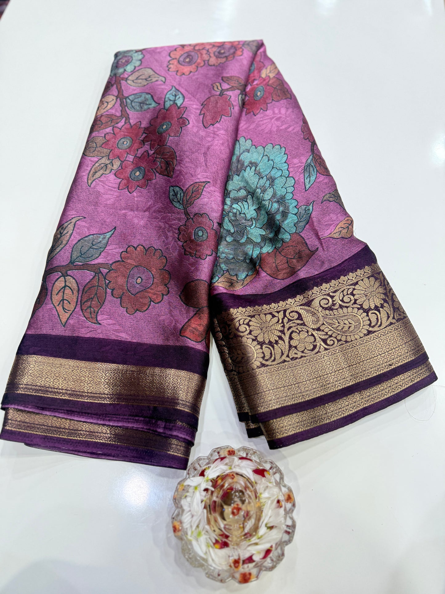 Silk blend printed saree with zari border and digital pallu print, 6.3m with running blouse, 6 color options