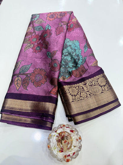 Silk blend printed saree with zari border and digital pallu print, 6.3m with running blouse, 6 color options