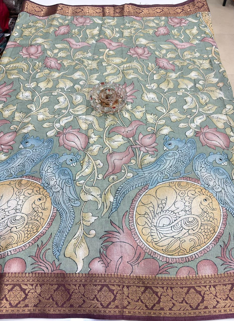 Silk blend printed saree with floral and bird motifs, zari border, women’s festive wear saree