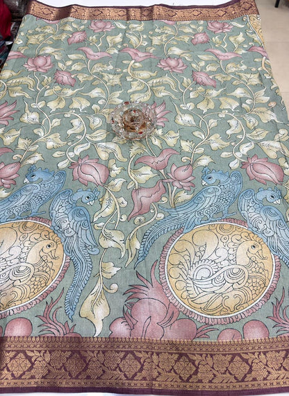 Silk blend printed saree with floral and bird motifs, zari border, women’s festive wear saree