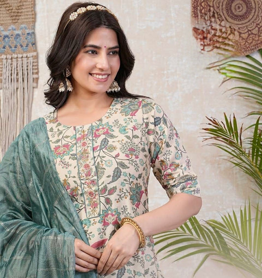 Chanderi Foil Print Kurti Set with Silk Bottom and Jacquard Sequins Dupatta – Women’s Sizes L, XL