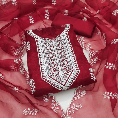 Unstitched Organza Silk Dress Material with Multi-Work Detailing, Micro Fabric Bottom and Organza Dupatta