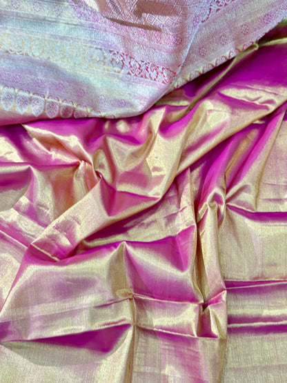 Pure Silk Borderless Saree in Golden Yellow and Magenta with Rich Zari Weaving – Wedding Saree