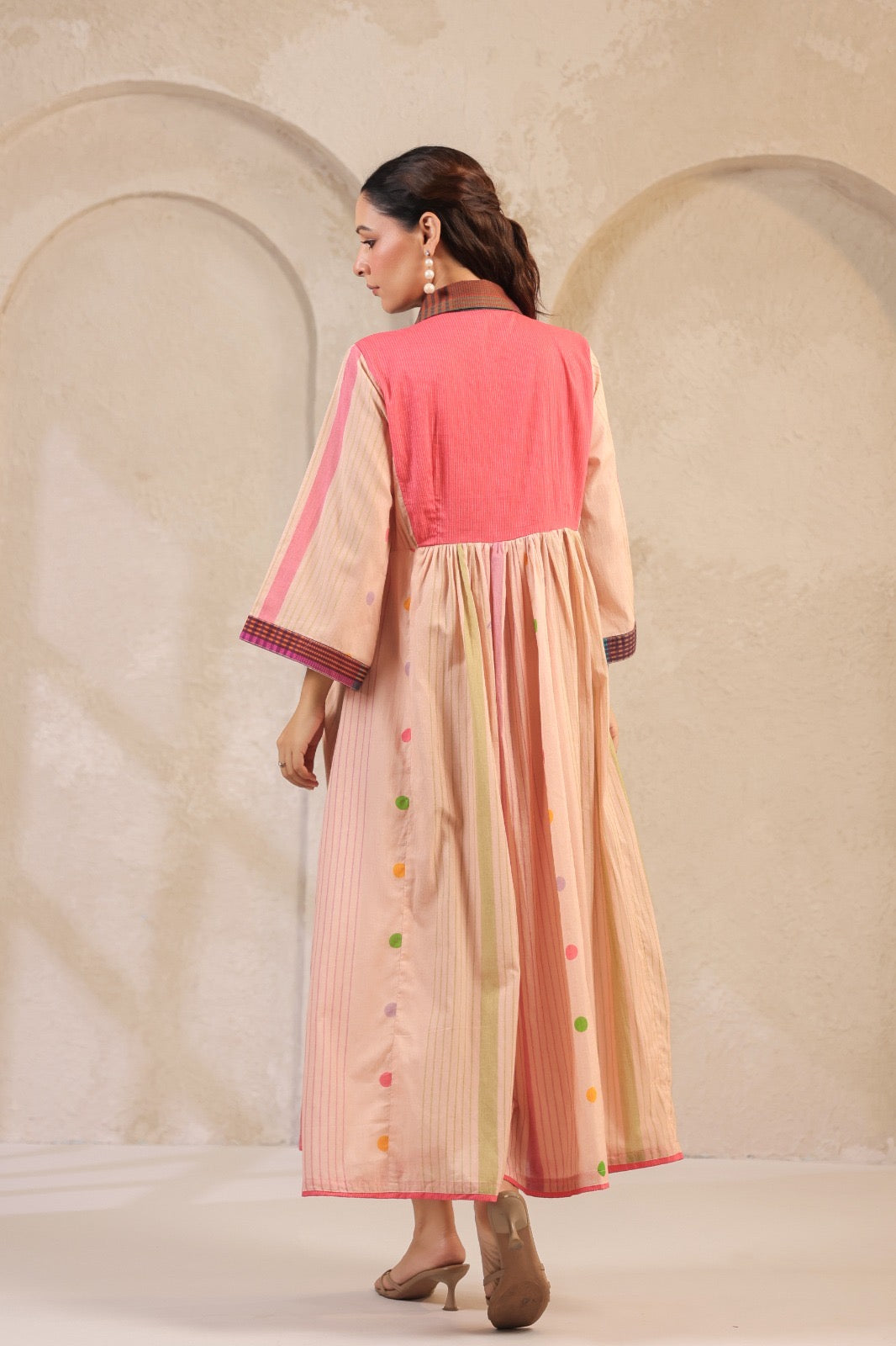 Pastel Panelled Cotton Dress with Checkered Yoke and Hand-Embroidered Motifs – Women’s Full Sleeve Casual Wear