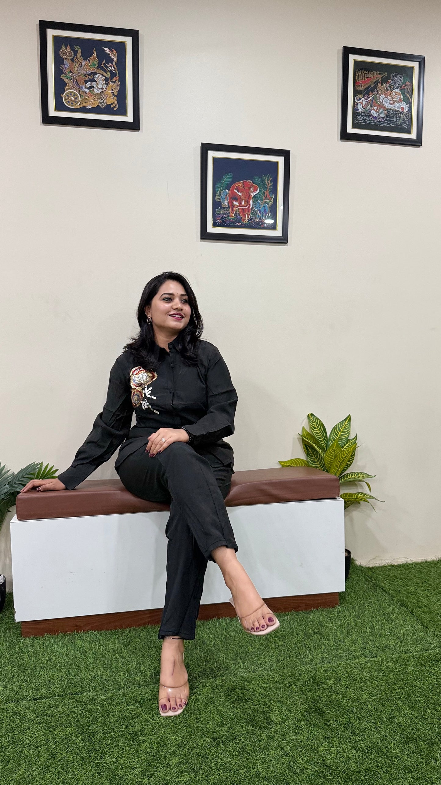 Women's Pure Silk Black Co-ord Set with Sequin Floral Embroidery and Straight Pants