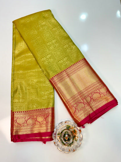 Semi Kanchi Pattu Brocade Saree with Zari Weaving and Contrast Border – Festive Wear