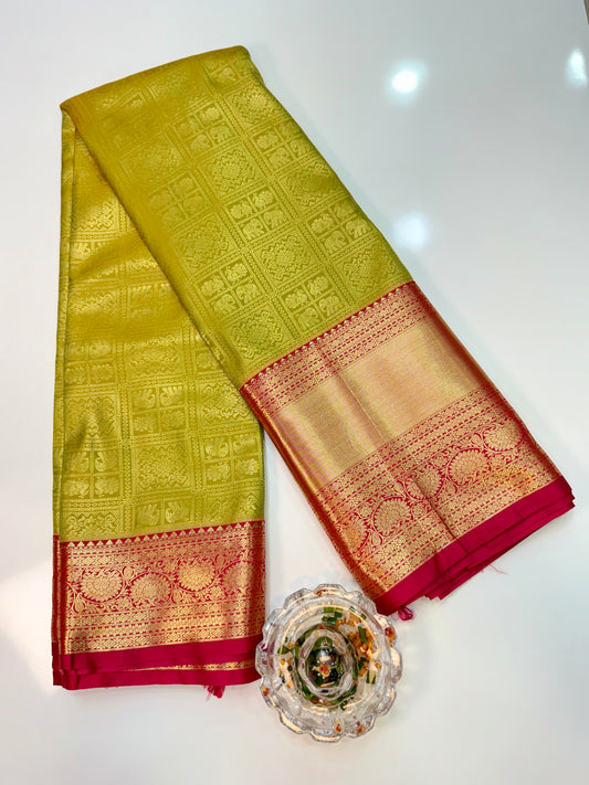 Semi Kanchi Pattu Brocade Saree with Zari Weaving and Contrast Border – Festive Wear