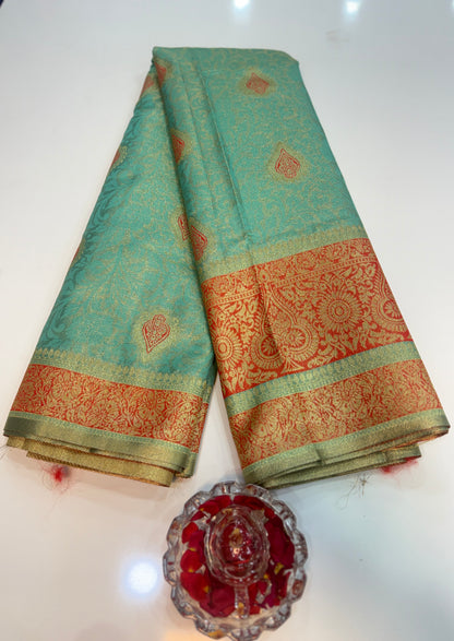 Pure Soft Silk Saree with Rich Zari Weaving and Multicolor Thread Work, Running Silk Blouse