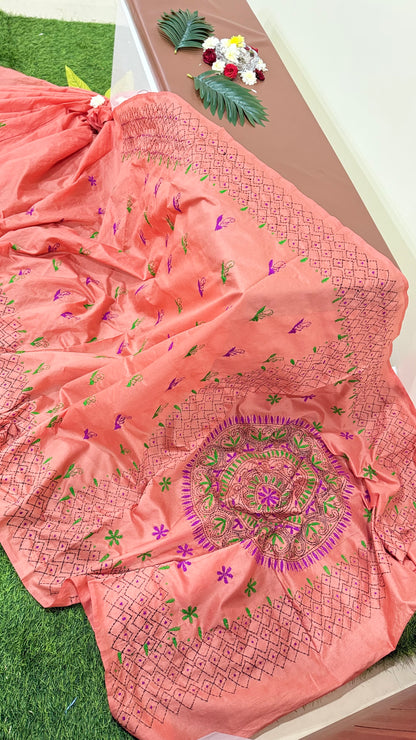 Assam Silk Saree with Kantha Stitch Hand Embroidery and Matching Blouse – Women’s Ethnic Wear