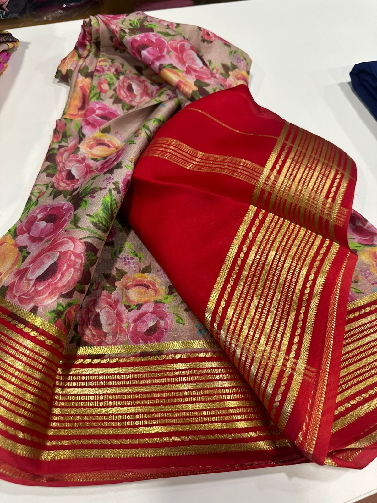 Pure Crepe Mysore Silk Saree for Women – 75 Gram, Digital Print, Contrast Blouse, Silk Mark Certified