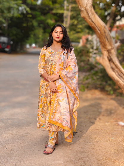 Yellow Cotton Mal Alia Suit with Digital Print, Khatli Work, and Dupatta – Size 2XL