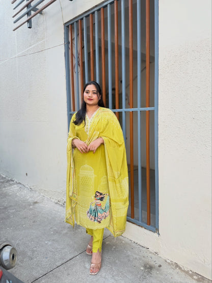 Pure natural crepe kurti pant dupatta set with handwork and cotton lining for women