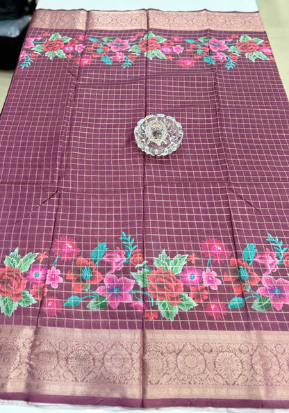 Printed handloom georgette saree for women with woven border and floral design