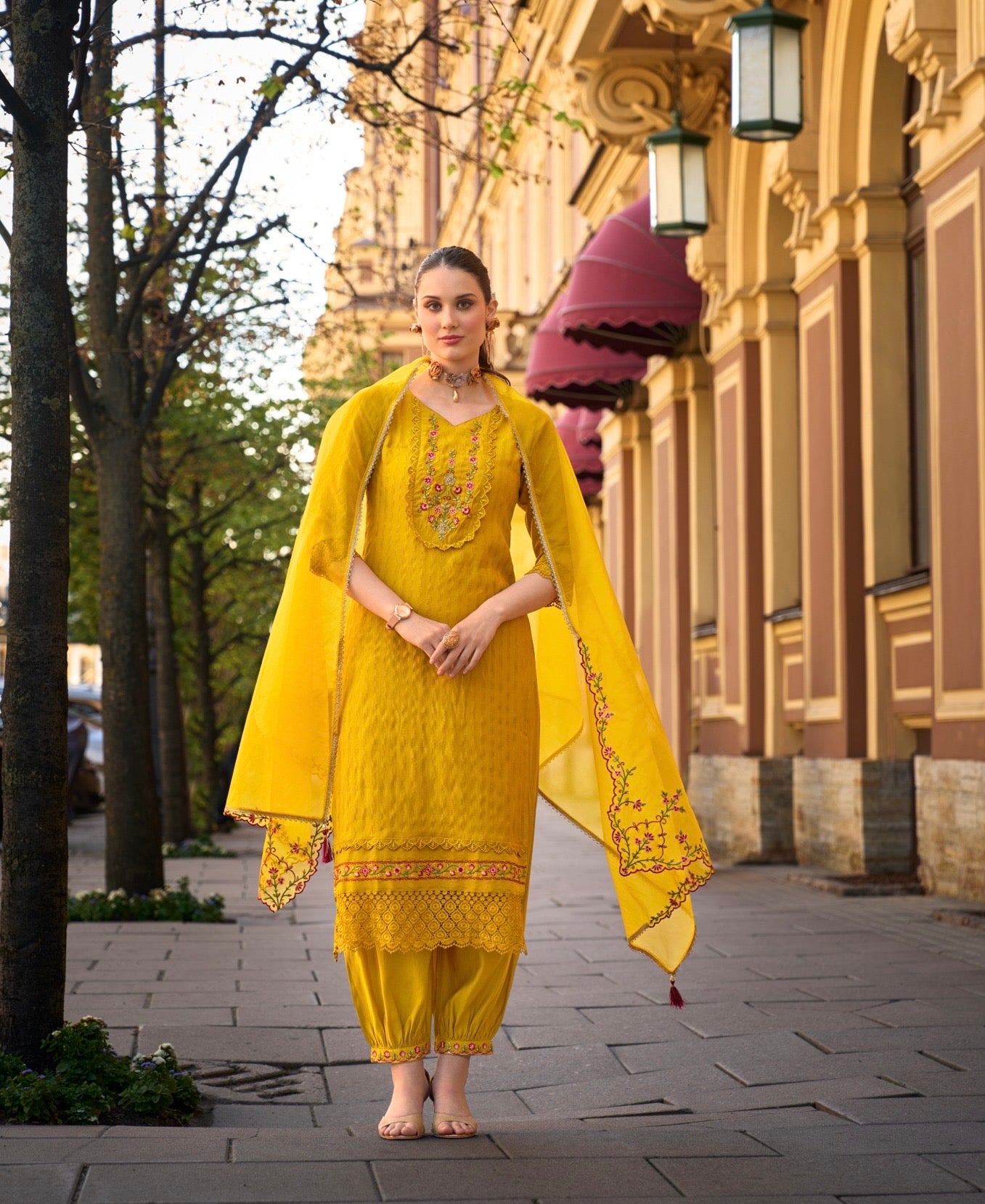 Women’s Self-Jacquard Silk 3-Piece Suit Set with Afghani Bottom and Organza Dupatta – XXL & 3XL