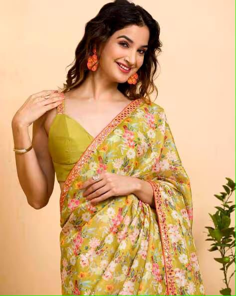 Soft Chinon Silk Saree with Digital Print, Mirror Work, and Designer Lace Border – With Blouse