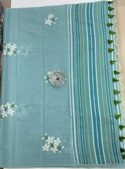 Aqua blue kora silk style viscose saree with woven detailing, tassel pallu and embroidered blouse fabric for women