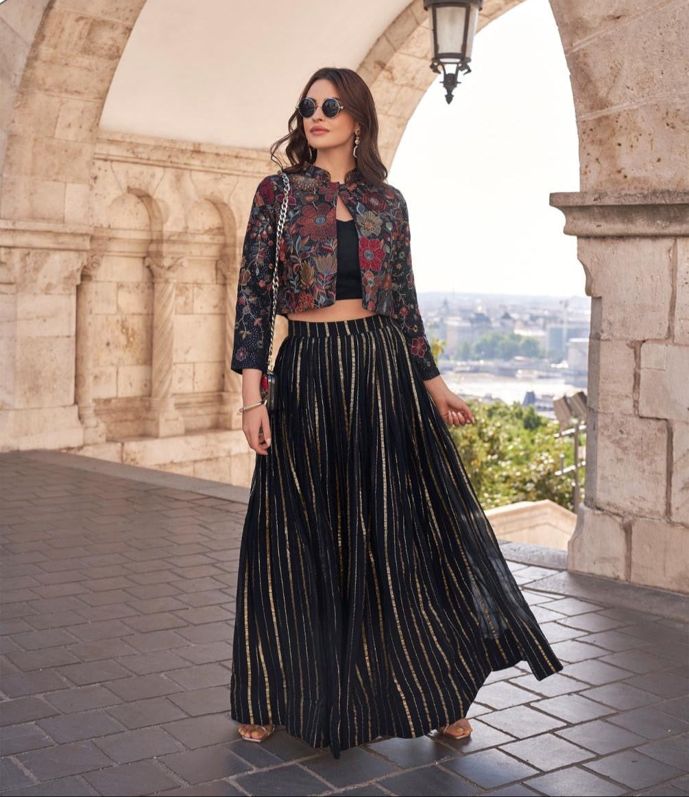 Viscose Chinon Silk Top with Embroidered Skirt Featuring Cancan – Free Size 3-Piece Ethnic Set for Women