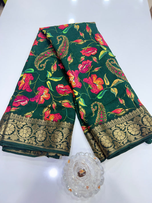 Pure Viscose Crepe silk saree with digital floral print and woven zari border for women