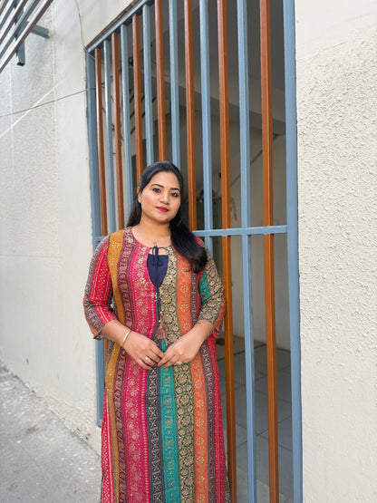 German Rayon Printed Kurta Pant Set for Women with Detailing Work – Sizes 38–46