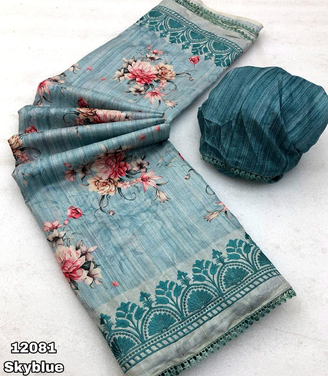 Handloom Tussar Silk Digital Print Saree with Embroidery, Lace Border, and Contrast Blouse