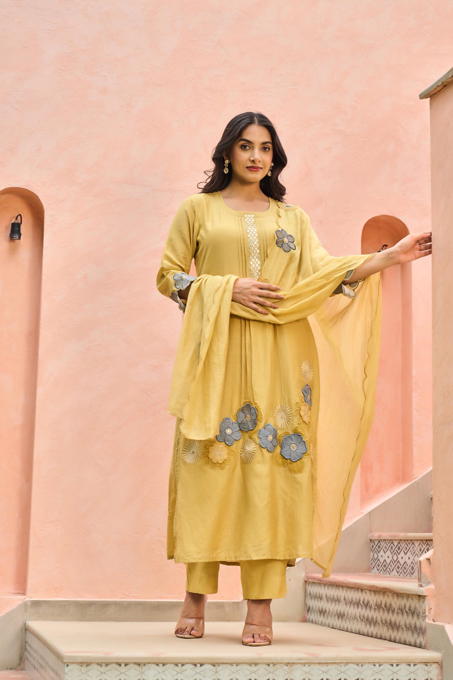 Mal Chanderi Kurta Pant Dupatta Set with Embroidery, Patchwork, and Cutwork – Women’s Suit Set