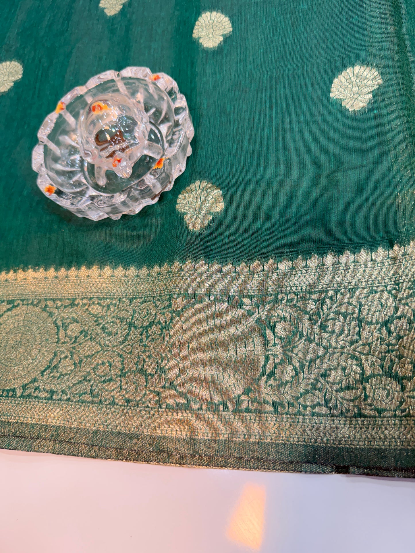 Modal silk saree with woven buttas and peacock pallu for women