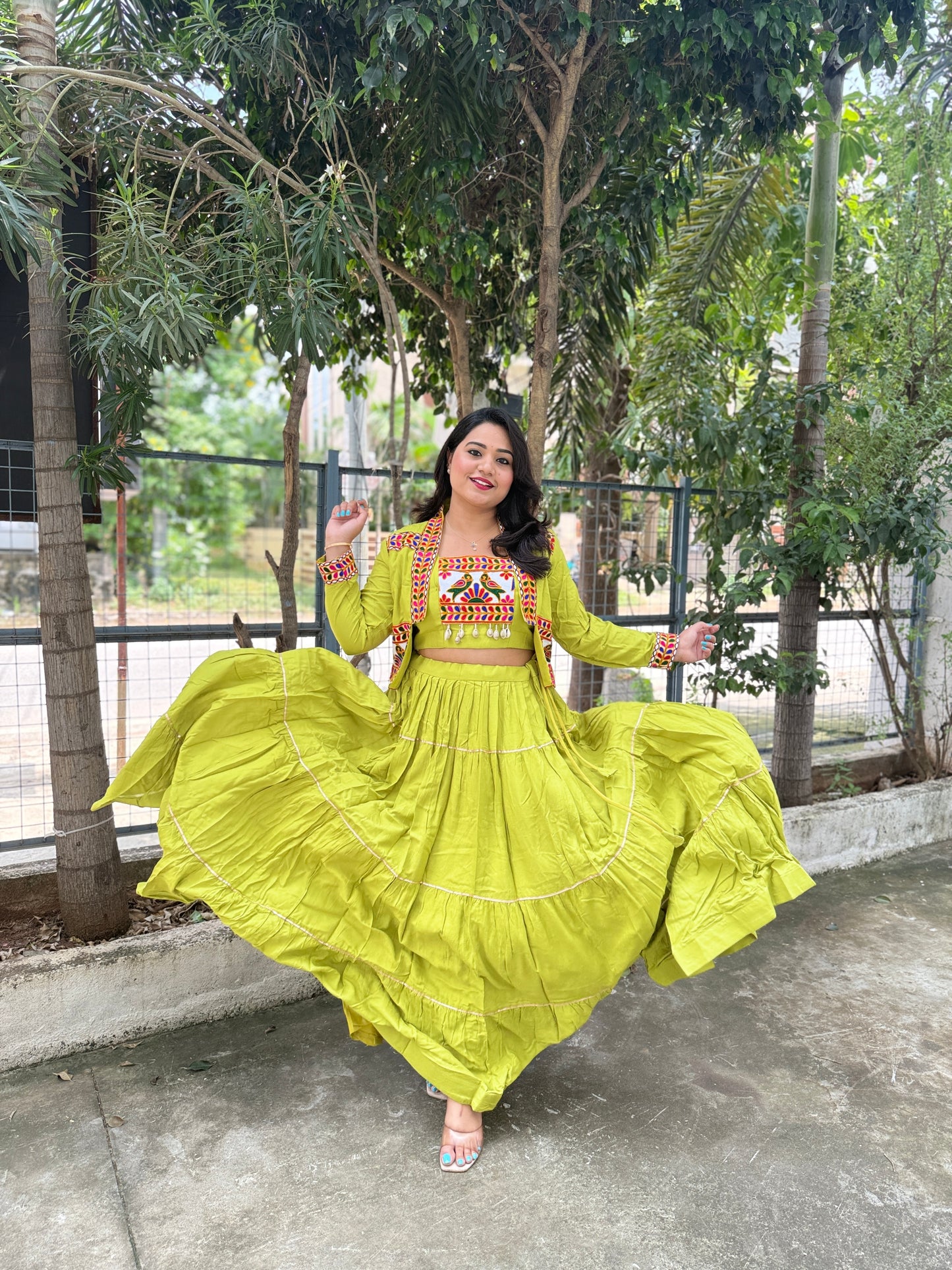 Rayon Lehenga Choli with Embroidered Gamthi Work Koti and Cowrie Lace – Navratri and Festive Wear