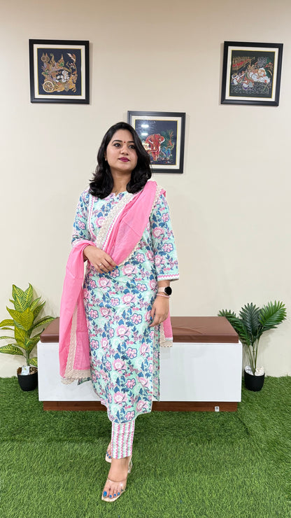 Cotton Kurti Pant Dupatta Set for Women with Crochet Work and Stole Dupatta – Sizes 36 to 46