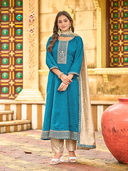 Flared 3-Piece Suit Set for Women in Fancy Fabric with Embroidered Dupatta – XL and XXL Sizes