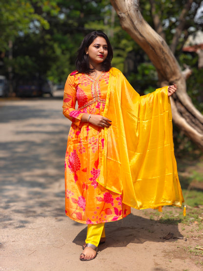 Yellow Chinnon Alia Cut Gown with Dori, Pearl, and Daliya Work and Dupatta for Women