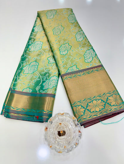 Bridal tissue saree for women with woven zari work and contrast border, kanchipuram style powerloom saree with blouse fabric
