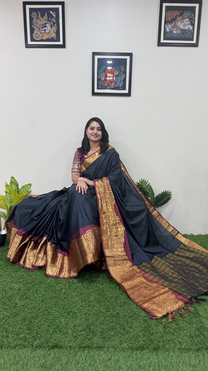 Kanjivaram Narayanpeth Silk Saree with Mor Designer Border and Contrast Pallu – With Blouse Piece