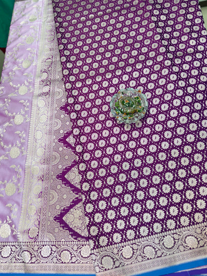 Banarasi Mashru Katan Silk Saree in Lavender and Wine with Contrast Blouse Piece – Women’s Festive Wear