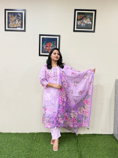Women’s Linen Schiffli Embroidered Kurta Set with Cotton Pant and Viscose Mal Dupatta – L to 3XL