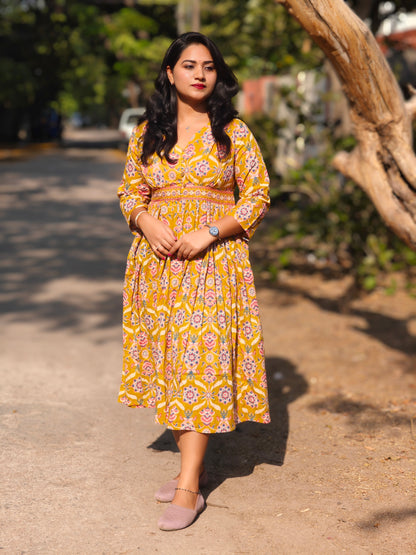 Yellow Cotton Floral Print Midi Dress for Women – Sizes M to XL