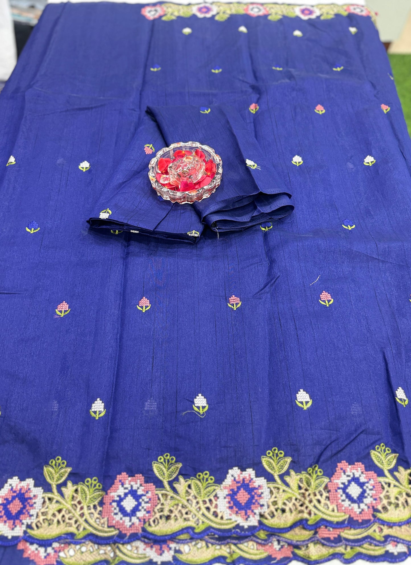 Matka Silk Saree with Embroidered Buttis, Cutwork Big Pallu, and All-Over Cutwork Panel