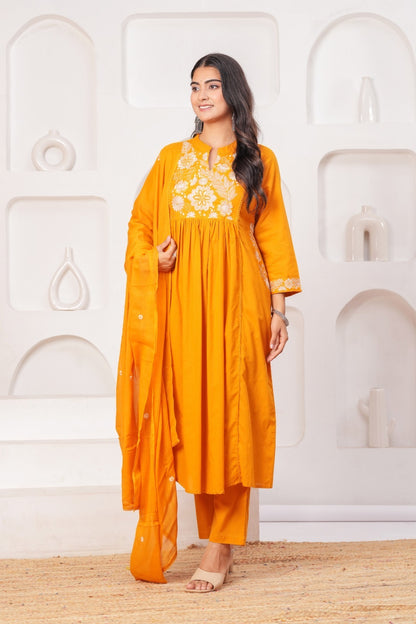 Cotton Mul Kurta Set with Hanging Embroidery Yoke, Cotton Pant and Motif Embroidered Dupatta