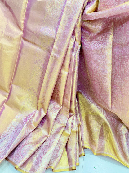 Handloom Borderless Pure Silk Saree in Dual-Tone Pink and Gold with Zari – Wedding Collection
