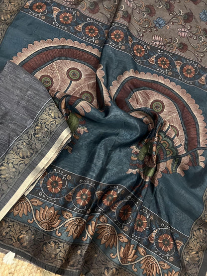 Mul Chanderi Cotton Saree with Kalamkari Print, Golden Zari Piping, and Batik Blouse – Ethnic Wear for Women