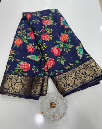 Pure Viscose Crepe silk saree with digital floral print and woven zari border for women