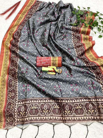 Soft Raw Silk Ikat Print Saree with Tassel Border and Contrast Blouse Piece