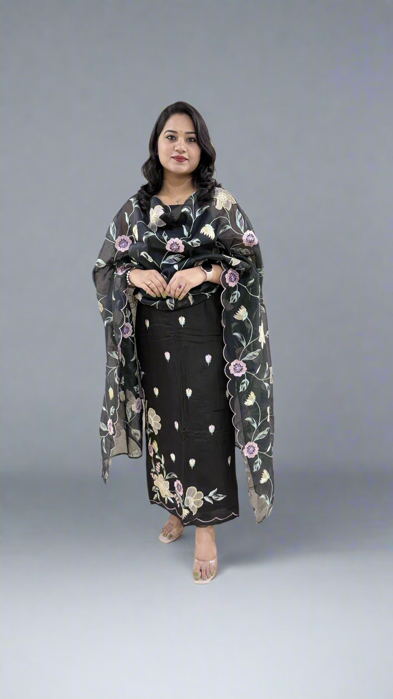 Unstitched Bamber Silk Suit with Resham Embroidery, 3D Patch Appliqué and Organza Dupatta